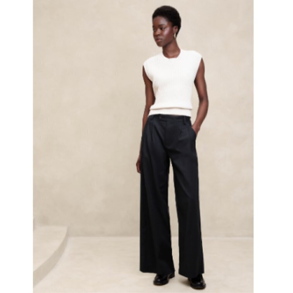 Banana Republic High Rise Pleated Wide Leg Linen Cotton Pants Black Size 8 NWT